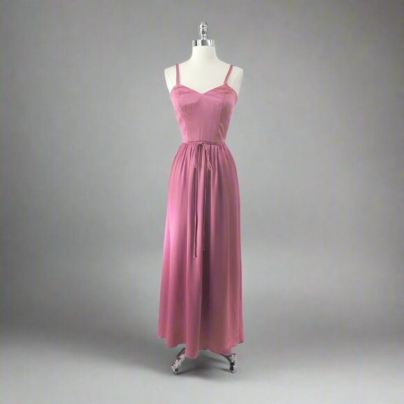 Vintage Dresses & Skirts - Vintage 70s Pink Satin Party Dress Gown S